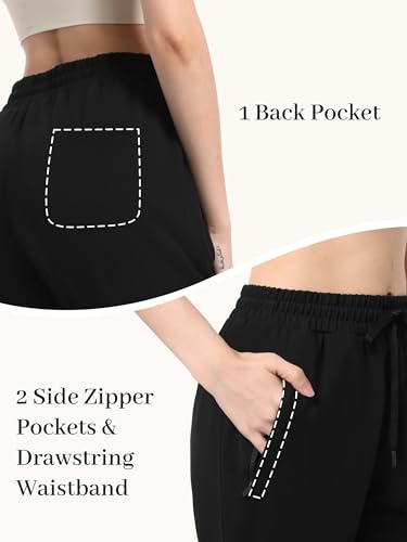 Tapata Petite Women's 26-Inch Inseam Cotton Lounge Joggers with Zipper Pockets, Open Bottom Casual Yoga Pants, Black, Small