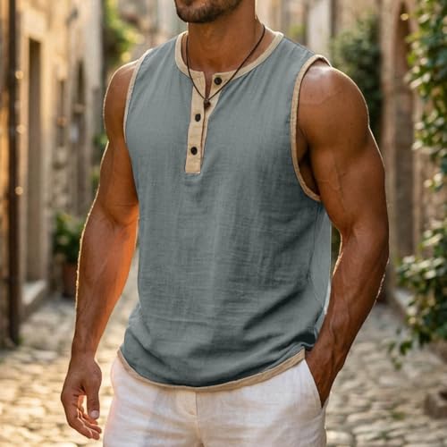Cotton Linen Workout Tank Top - Sleeveless Gym Henley Shirt - Gray, 3X-Large