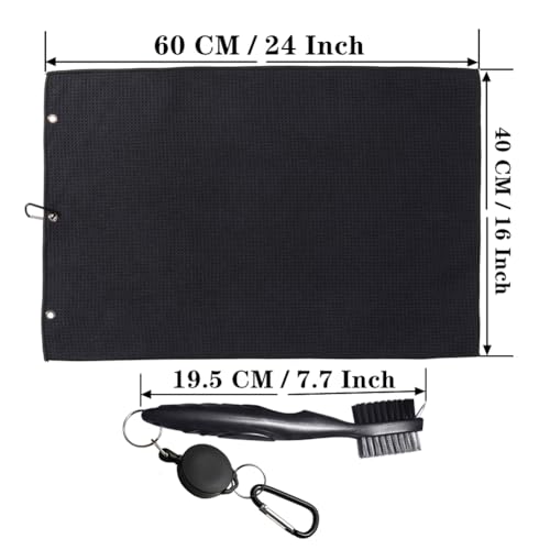 Microfiber Golf Towel and Brush Set - 16x24 Black with Carabiner