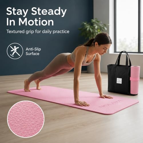Pink Yoga Mat with Tote Bag - 72 x 24 Inch, Non-Slip, 1/4 Inch Thick