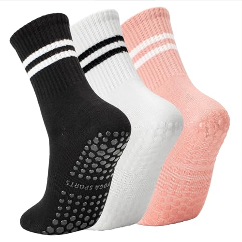 Non-Slip Yoga Pilates Socks with Grips - 3 Pairs Black/White/Pink