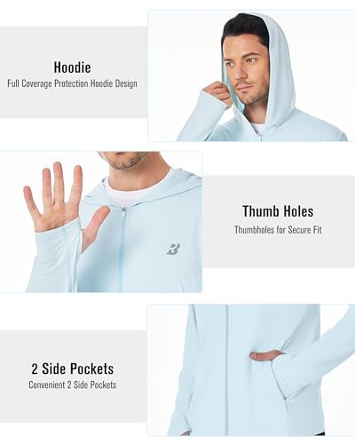 Roadbox Men's UPF 50+ Sun Hoodie Jacket - Light Blue, Medium, Zip Up UV Protection Shirt