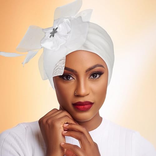 Bohend 3Pcs Women's Turban Beanie Caps with Pearls Rhinestones Feathers