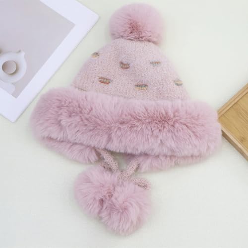 KAICAILA Women Winter Sherpa Beanie Hat with Pink 3 Pomoms – Fleece Lined Ear Flap Knit Cap