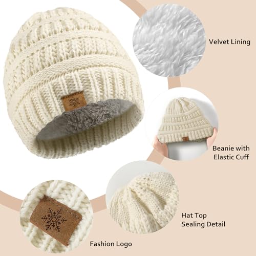 Thick Knit Winter Beanie Hat Scarf Gloves Set - Beige