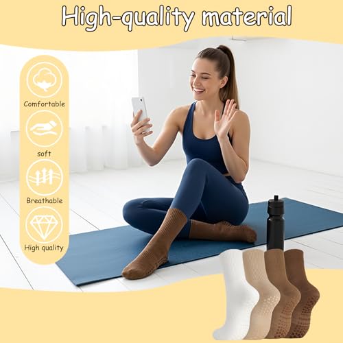 4 Pairs Non-Slip Yoga & Pilates Grippy Socks - Neutral Tones