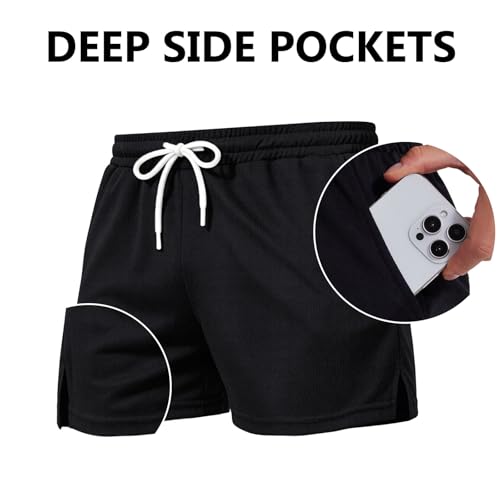 Men's Mesh Running Shorts 3 Inch Quick Dry Athletic Gym Shorts with Pockets (Medium, Black) - Kiuwoba
