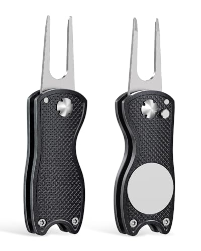 Foldable Golf Divot Repair Tool with Magnetic Ball Marker - Black