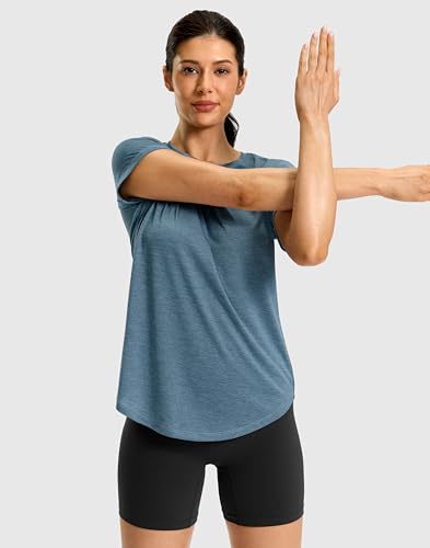 Women's Workout Shirt Bum-Covering Length Short Sleeve Lightweight Dry Fit Large Grey Blue
