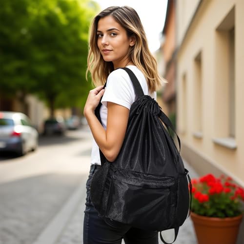 Drawstring Backpack Gym Bag - Large Capacity, Waterproof, Black