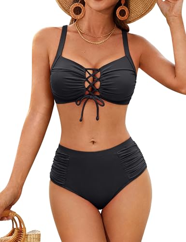 Women High Waisted Bikini Set Tummy Control Swimsuit - Medium Black