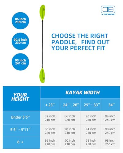 OCEANBROAD Green Kayak Paddle 90.5 Inch - Lightweight Alloy Shaft with Leash, 2-Section, 3 Lock Angles