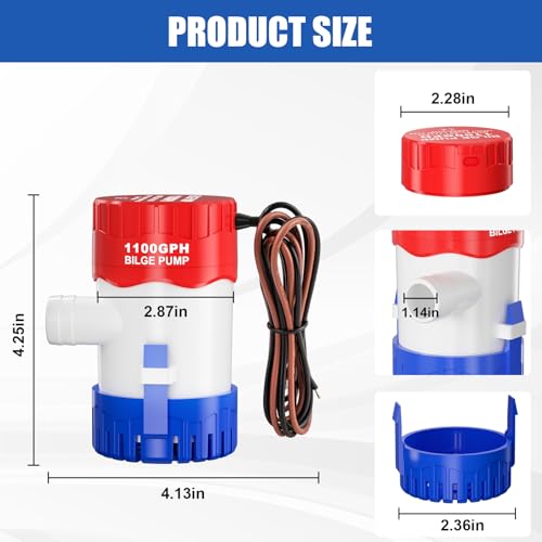 12V Marine Bilge Pump 1100 GPH Submersible Water Pump for Boats Ponds Pools
