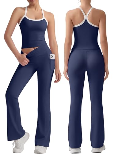 VVX Women 2 Piece Workout Sets Navy Blue Contrast Trim Small High Waisted Flare Leggings & Tank Top