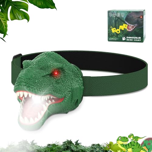 Dinosaur Headlamp for Kids - LED Flashlight with Roar & Silent Mode - Green
