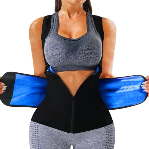 Sauna Vest for Women - Zipper Waist Trainer Shapewear, Blue Lining, Large