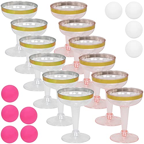 Champagne Pong Set - 21-Piece with Gold-Trimmed Cups & Pink Balls
