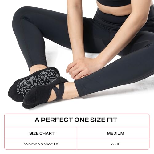 Pilates Socks with Grips for Women - Non-Slip, 2 Pairs Black/Beige
