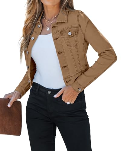 Luvamia X-Large Almond Brown Cropped Denim Jacket for Women Short Fitted Shacket