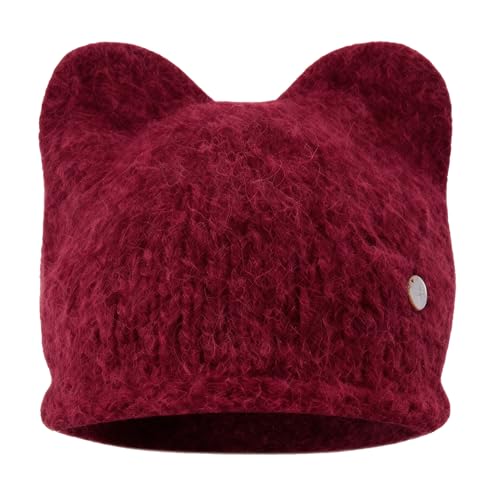 Women's Wool Cat Ear Beanie - Y2K Style Knit Hat - Red