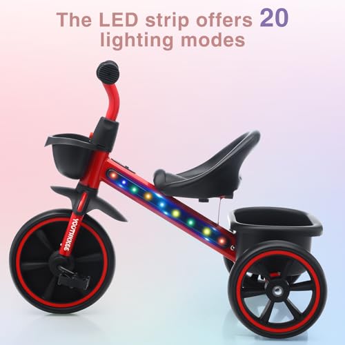 Youthkkee Red Toddler Tricycle for 1-3 Years with Tri-Light, Indoor & Outdoor Use