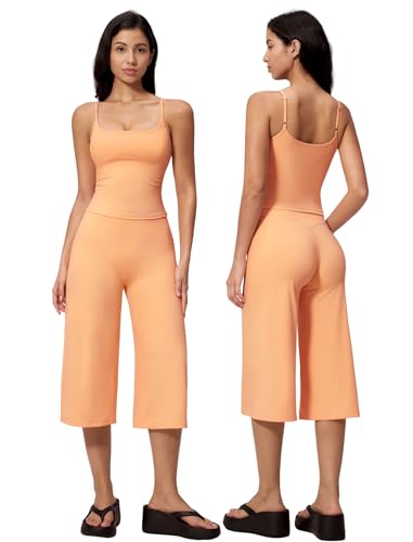 QBGJTD Women's Workout Set with Spaghetti Strap Crop Top & Wide Leg Capri Pants - Medium Orange