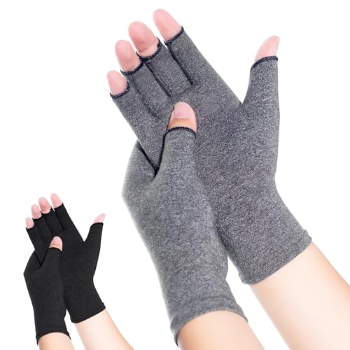 Compression Arthritis Gloves - Fingerless Hand Support - Black & Grey Medium