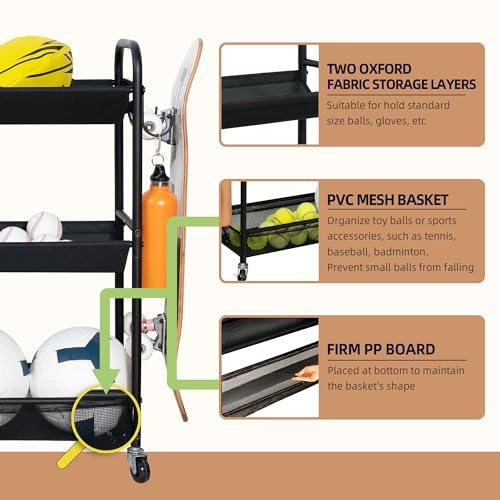 3-Tier Sports Ball Storage Rack with Wheels | Garage & Gym Organizer