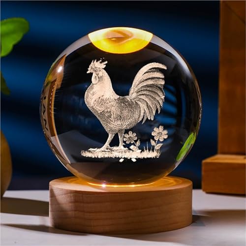 Luminous Crystal Ball Night Light - Rat, 8cm - Solid Wood Base