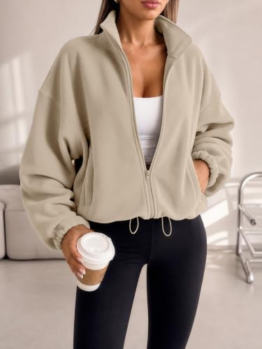 AUTOMET Women's Fleece Jacket Zip Up Oversized Cropped Sweatshirt - Medium Khaki