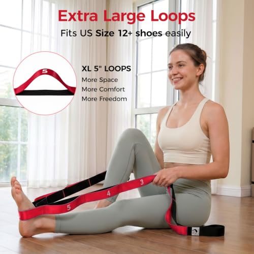 Red Slim Panda Stretching Strap with Oversized Loops for Yoga & Rehab - Non-Elastic Heavy Duty Nylon