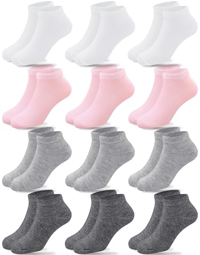 Low Cut Ankle Socks for Girls - 12 Pairs, Ages 10-15 - Gray, White, Light Pink