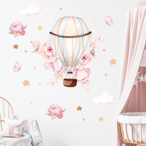 Pink Peony Rose Hot Air Balloon Star Flower Wall Stickers, sacinora Cartoon DIY Art Wall Decals Removable Vinyl Peel and Stick for Kids Baby Girl Nursery Living Room Bedroom Children's Room Playroom