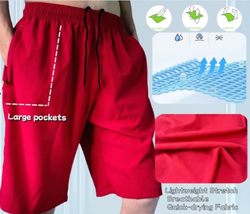 Men's Athletic Running Shorts 11 Inch Swim Trunks with Zipper Pockets - Red, X-Large