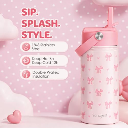 SANDJEST Bow Kids Water Bottle 12oz Insulated Stainless Steel Pink Bow - Variation 1
