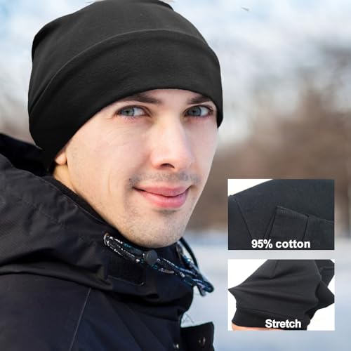 Unisex Cotton Beanie Skull Cap - Lightweight Helmet Liner - Black