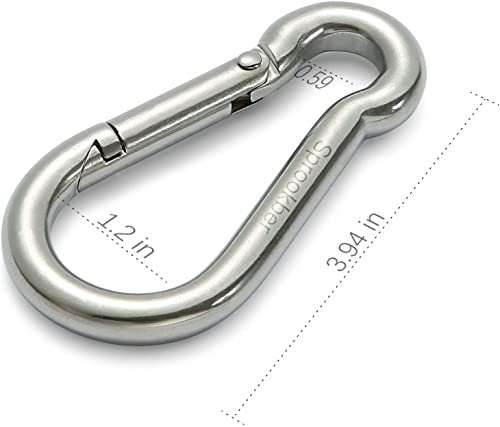 Sprookber 4-Inch 304 Stainless Steel Carabiner Set of 4 - Heavy Duty Spring Snap Hooks, Silver