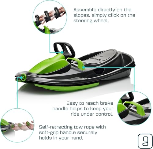Snow Sled for Kids & Adults - Mystic Green Toboggan with Steering Wheel & Brake