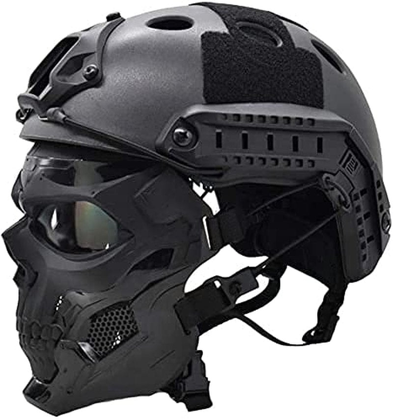 PJ Tactical Fast Helmet with Adjustable Airsoft Mask Skull Full Face MaskSuitable for Airsoft Paintball, Halloween, Role-Playing, Costume Parties and Movie Props