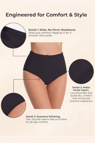 Micosuza Black High-Waist Retro Bikini Bottoms - Full Coverage Tankini Bottoms, 12
