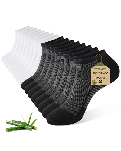 Mens Ankle Socks 8 Pairs Bamboo Running Socks Large Black & White
