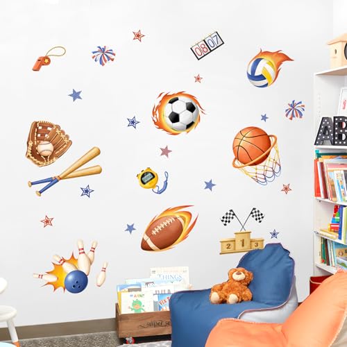 3D Sports Wall Decals, Basketball Soccer Football Wall Stickers Ball Games Peel and Stick Decal Self Adhesive Sticker for Boys Nursery Kids Room Home Decor