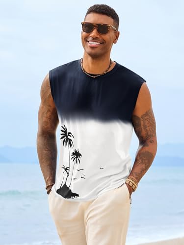 Runcati Men's 3X-Large White Graphic Tank Top with Palm Tree Gradient Design