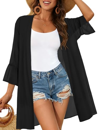 Women’s Summer Puff Sleeve Kimono Cardigan - Solid Black, Medium