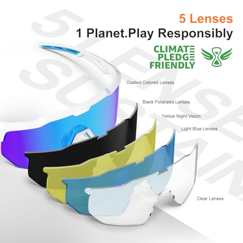Sports Sunglasses with 5 Interchangeable Lenses - A-bright White Sky Blue