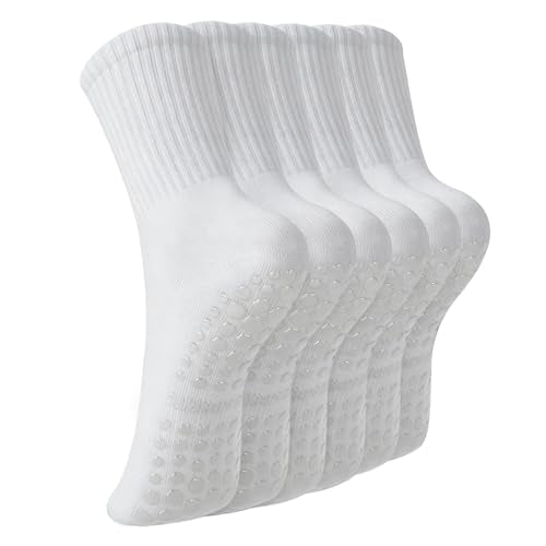 Non-Slip Pilates Socks with Grips for Women - 3 Pairs, White