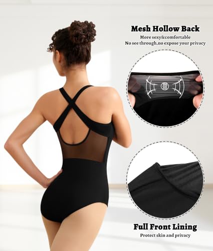 Women Ballet Leotard Mesh Dance Leotard Medium Black with Lining