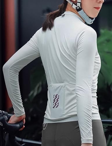 LAMEDA Women's Long Sleeve Cycling Jersey with Pockets - White, Medium