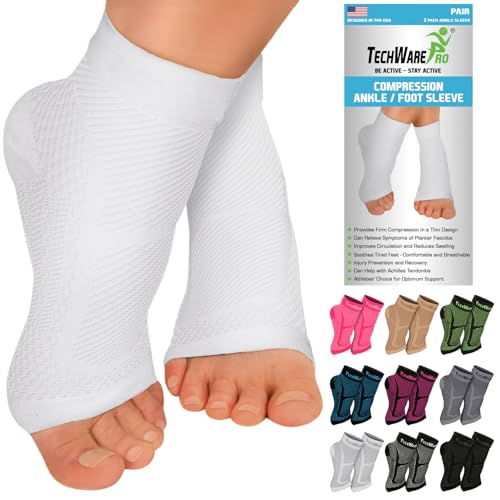 TechWare Pro Ankle Brace Compression Sleeve for Plantar Fasciitis, Achilles Tendonitis & Foot Support - White / L / XL