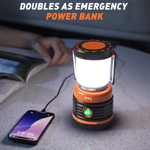 AYL Rechargeable LED Camping Lantern 1800LM – Black & Orange, 4 Light Modes, 4400mAh Power Bank, Waterproof, Emergency & Hurricane Light, 2 Pack